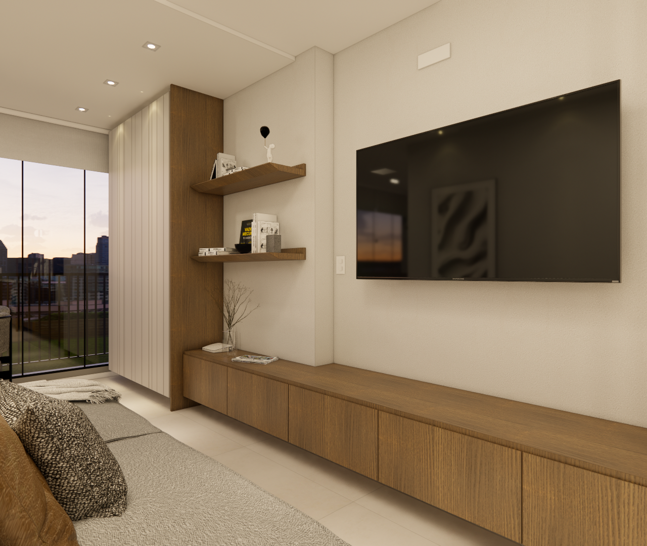 Render 3D de sala em tons neutros com rack de madeira, prateleiras, TV suspensa e vista para a Vila Madalena