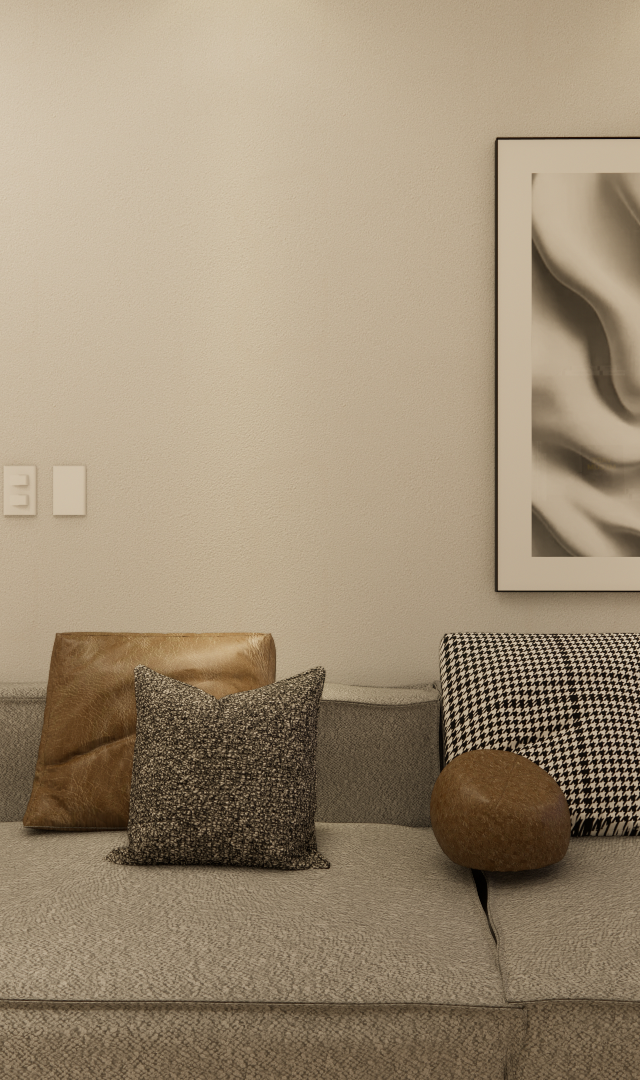 Render 3D de sala em tons neutros com sofá cinza, almofadas texturizadas, quadro abstrato e iluminação indireta suave