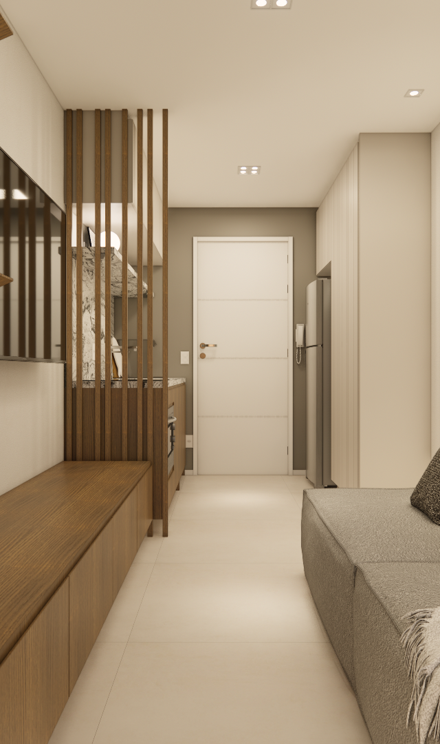 Render 3D de sala em tons neutros, marcenaria em madeira, sofá cinza, iluminação embutida e ripas decorativas na entrada