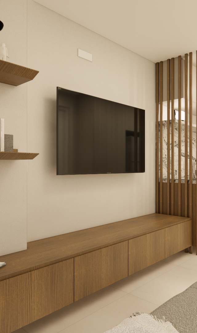 Render 3D de sala e cozinha integradas, marcenaria em madeira clara, painel para TV, prateleiras e divisória ripada