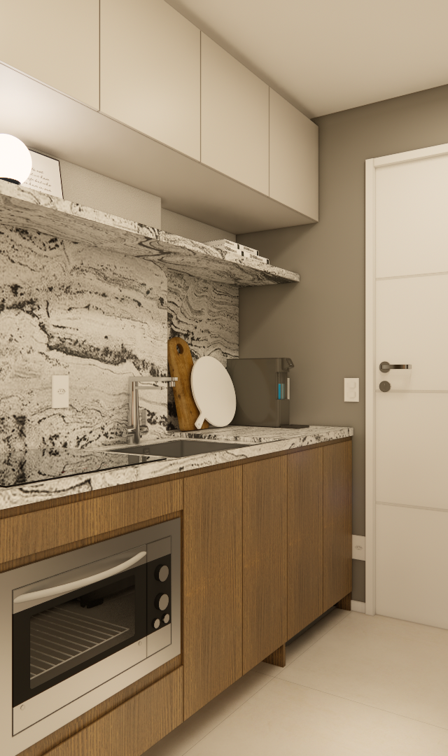 Render 3D de cozinha compacta com marcenaria em madeira, bancada de pedra rajada, armários claros e divisória ripada