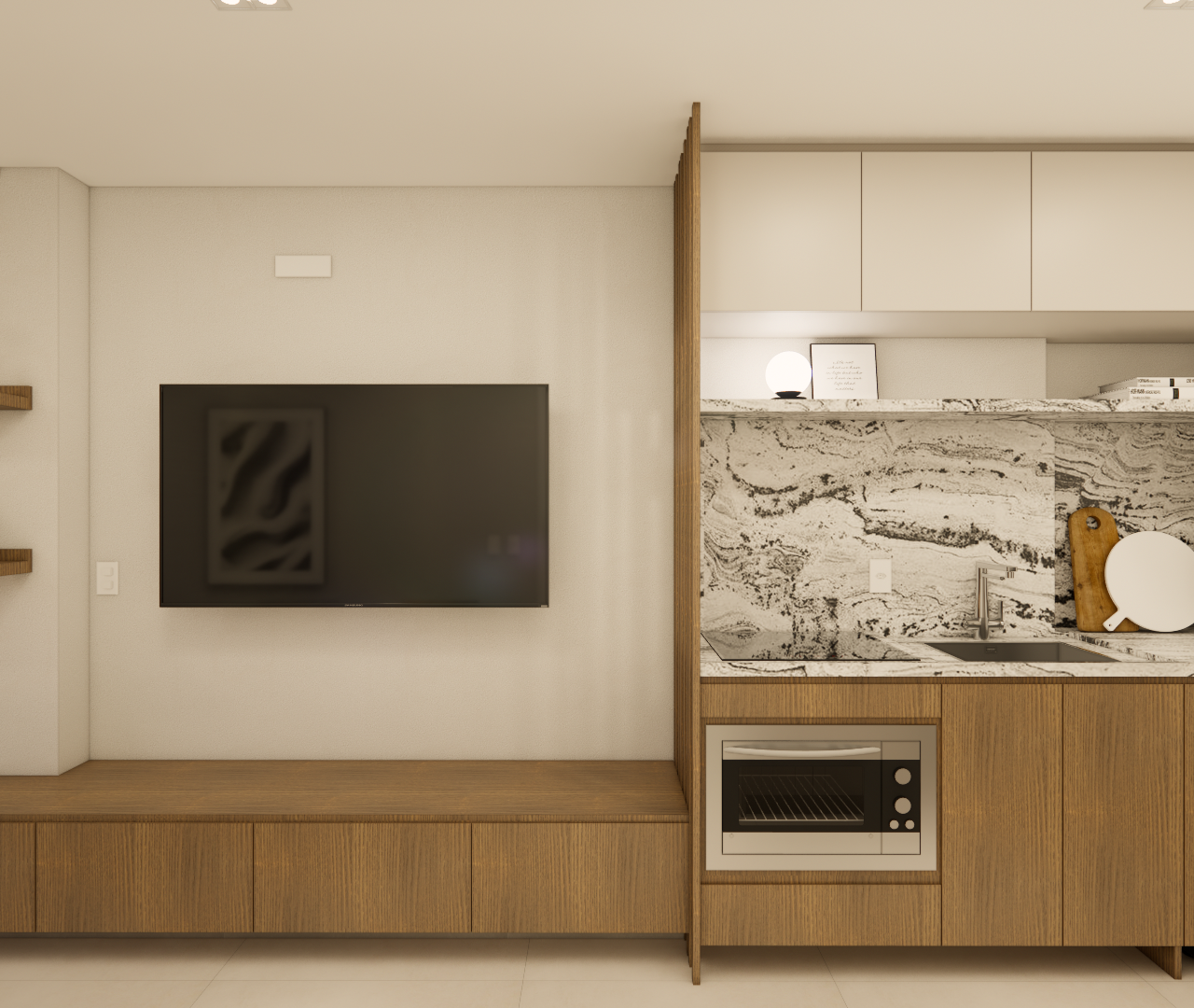 Render 3D de sala e cozinha integradas, marcenaria em tons amadeirados, bancada em granito branco e iluminação quente