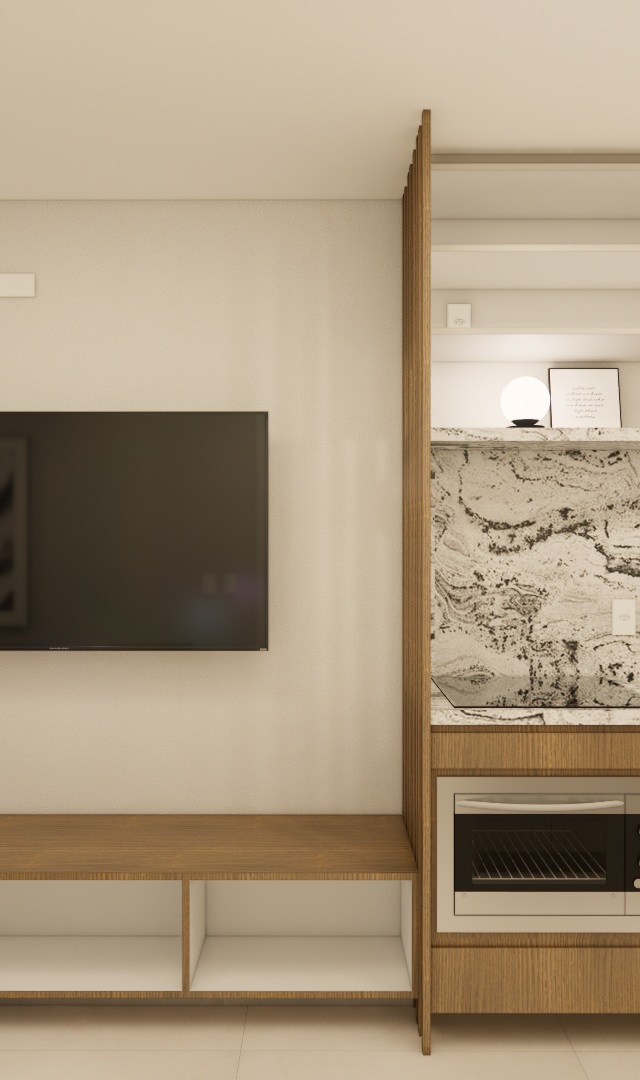 Render 3D de sala e cozinha integrada com marcenaria em tons de madeira, bancada em pedra clara e lava e seca preta