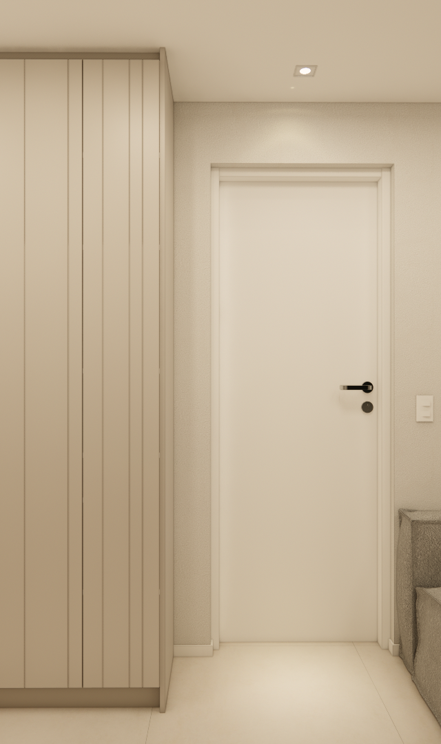 Render 3D de sala e cozinha integrada, armário ripado bege, geladeira inox, porta branca e sofá cinza com almofadas