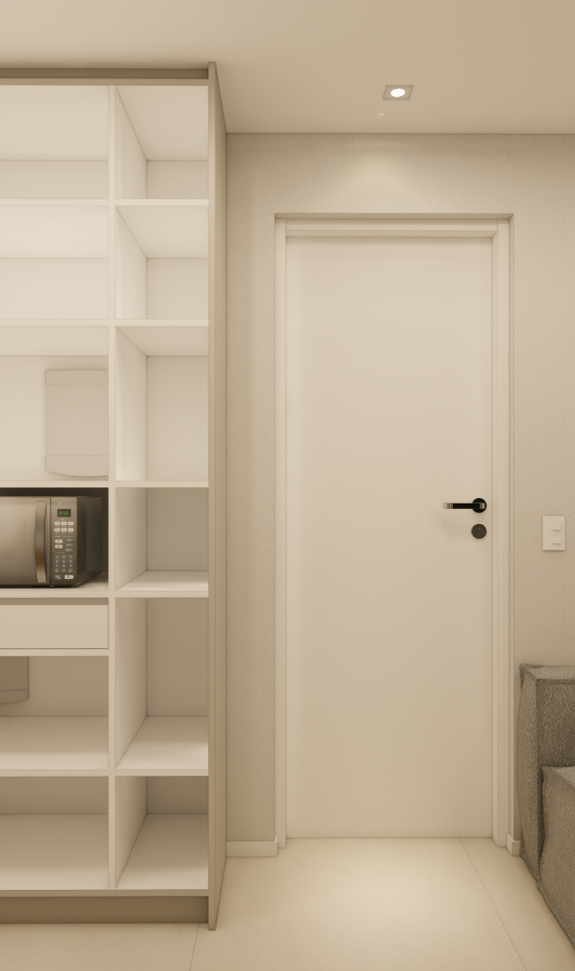 Render 3D de interior com marcenaria branca e nichos, geladeira em aço escovado, sofá cinza e iluminação quente suave