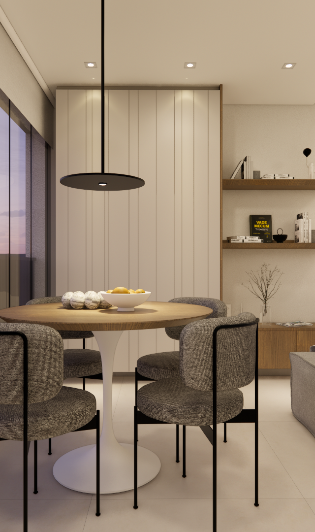 Render 3D de varanda gourmet no JP The Collection Madalena com mesa redonda, cadeiras cinzas e marcenaria em tons claros
