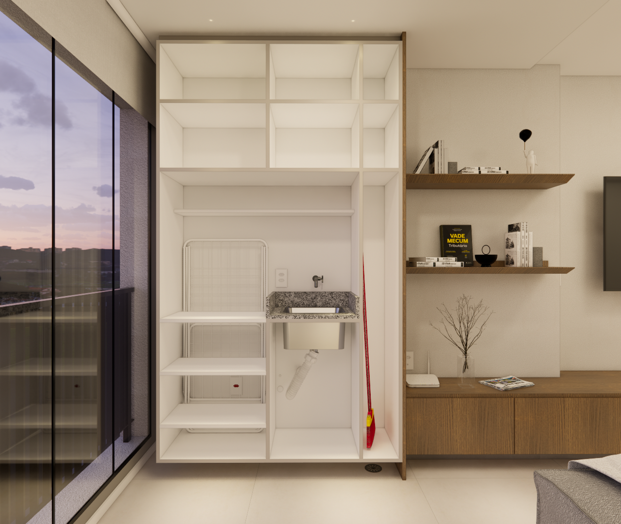 Render 3D de área de serviço e sala com marcenaria em tons amadeirados e branco, bancada em granito e vista para o bairro