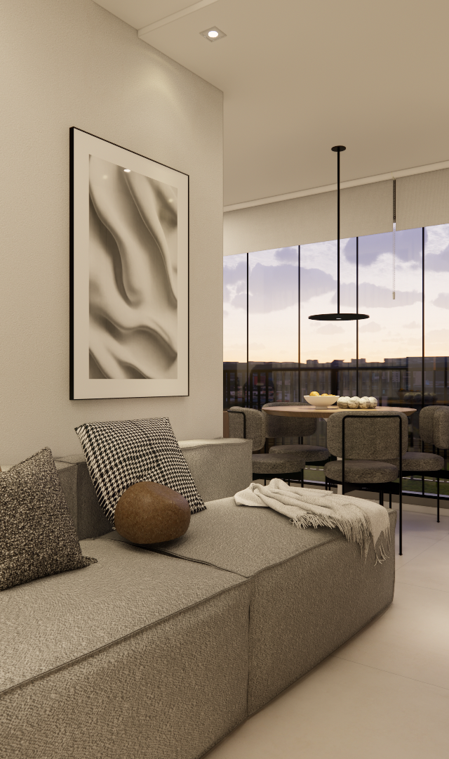 Render 3D de sala integrada em tons neutros com sofá cinza, móvel de madeira, mesa de jantar e vista para o entardecer