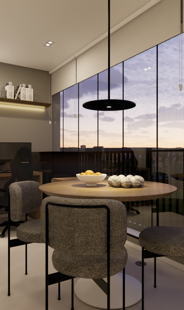 Render 3D de sala com mesa de jantar, cadeiras cinzas e home office, com grandes panos de vidro e vista urbana ao crepúsculo