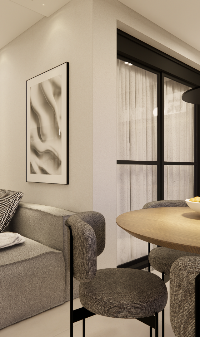Render 3D de sala e jantar integrados com tons neutros, sofá cinza, mesa redonda de madeira e iluminação aconchegante