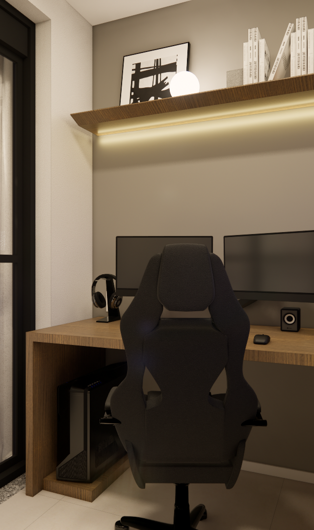 Render 3D de home office em tons amadeirados e neutros com mesa, cadeira gamer, prateleira iluminada e vista externa