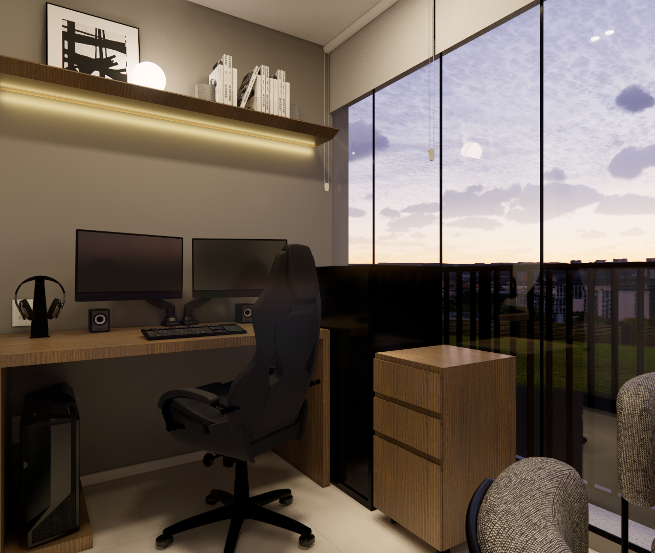 Render 3D de home office em Vila Madalena com mesa amadeirada, cadeira ergonômica, prateleira iluminada e varanda envidraçada