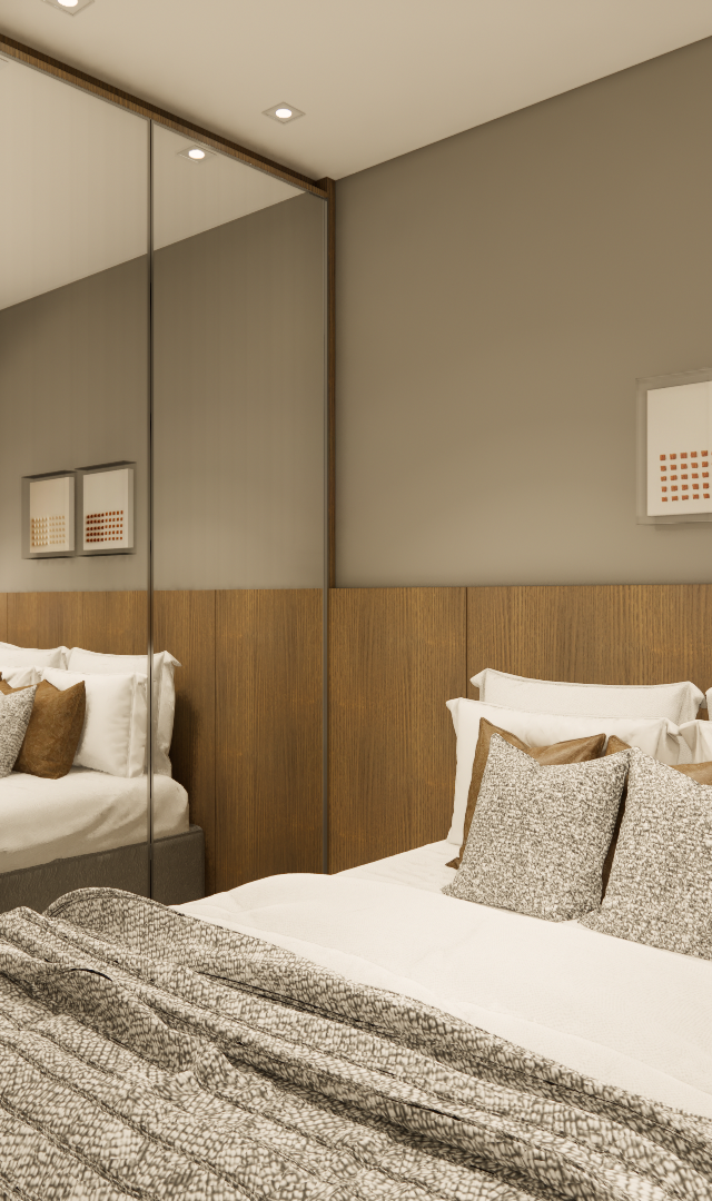 Render 3D de quarto com cama, cabeceira em madeira, guarda-roupa espelhado, paredes em tons neutros e iluminação quente