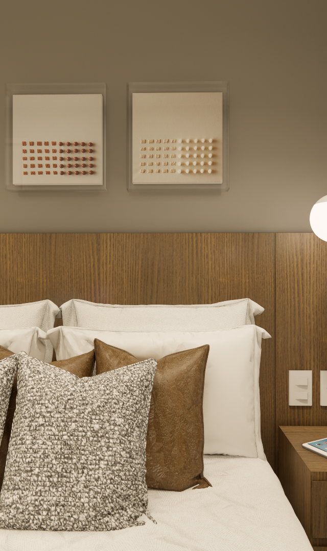 Render 3D de quarto no JP - THE COLLECTION MADALENA com cabeceira de madeira, luminária esférica e quadros abstratos