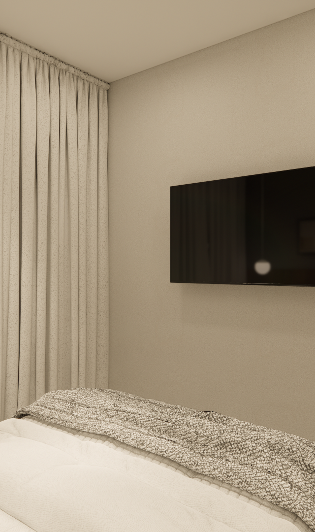 Render 3D de quarto em tons neutros com TV na parede, cortina de tecido claro e cama com almofadas marrons e manta cinza