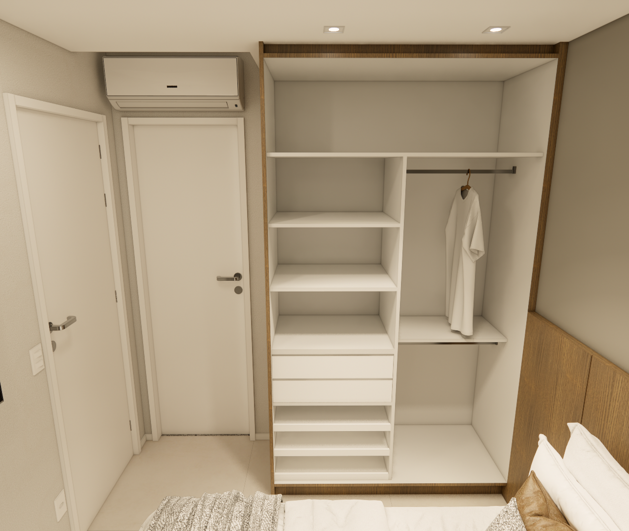 Render 3D de quarto em Vila Madalena com guarda-roupa aberto de madeira e branco, ar-condicionado e tons neutros