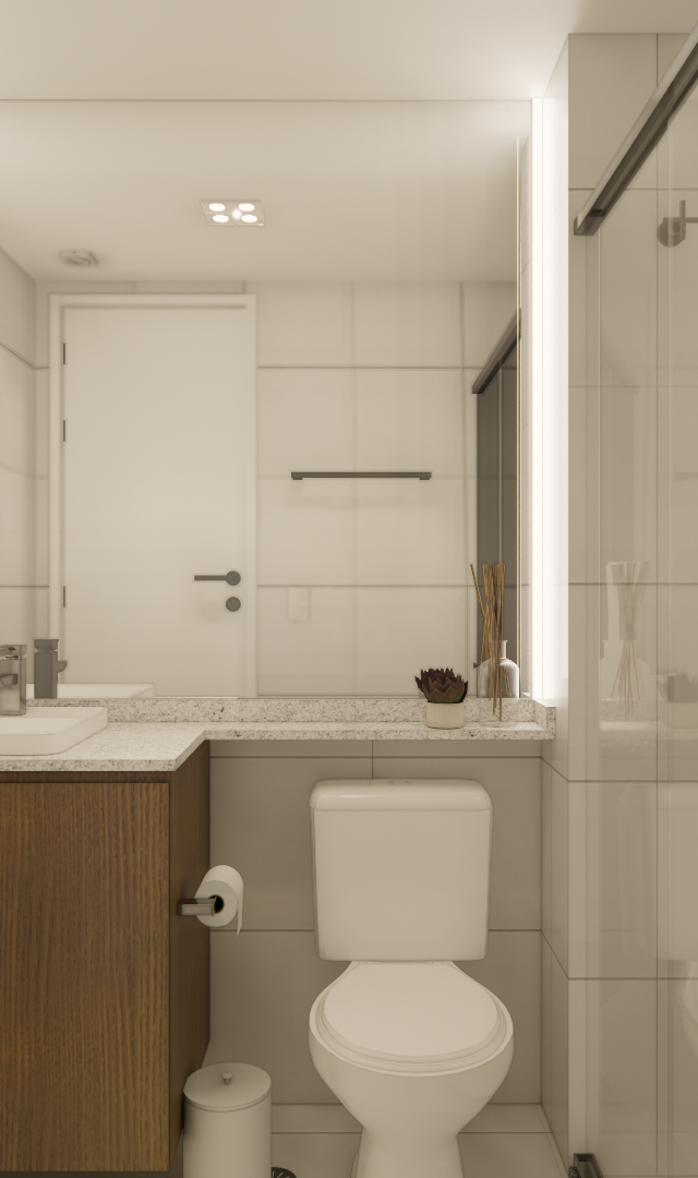Render 3D de banheiro moderno no JP - The Collection Madalena com marcenaria em madeira, bancada clara e luz de espelho
