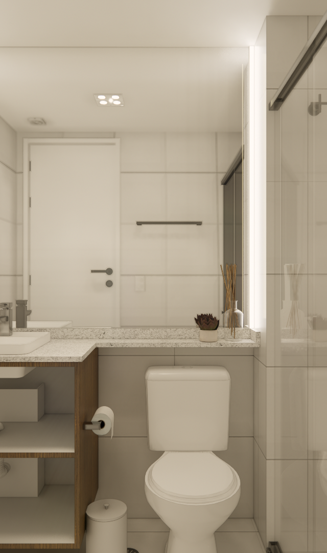 Render 3D de banheiro neutro com azulejos claros, espelho iluminado, gabinete de madeira e box de vidro em Vila Madalena
