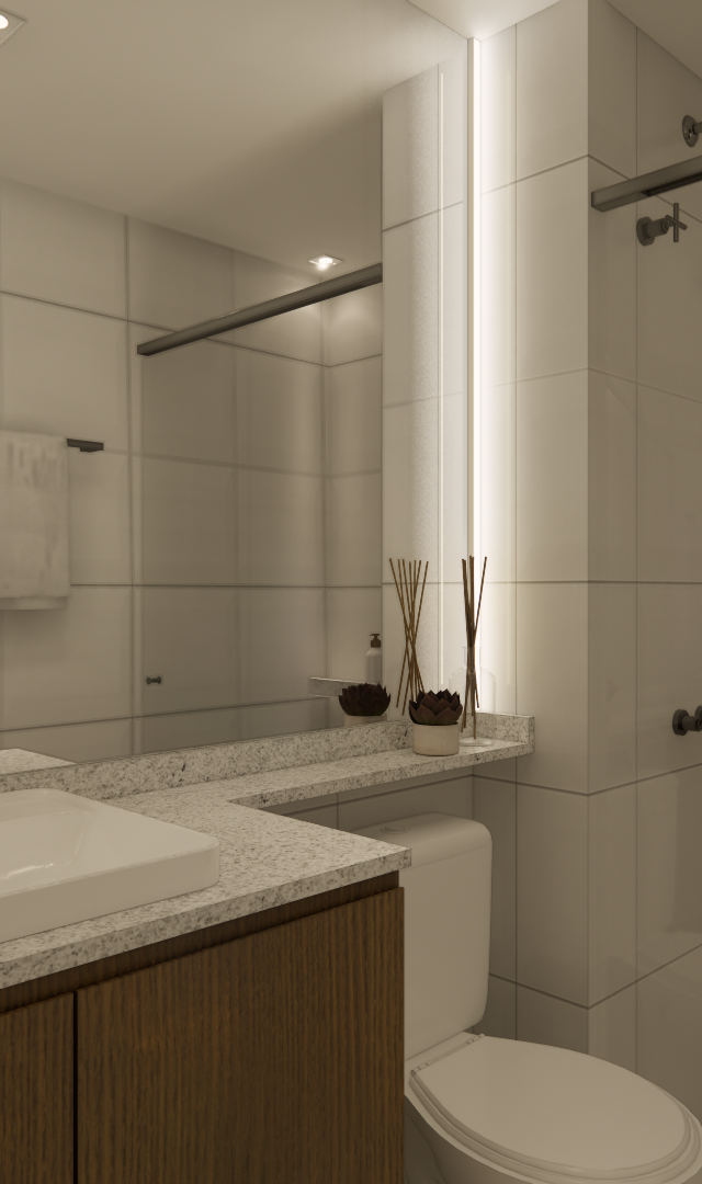 Render 3D de banheiro no JP - THE COLLECTION MADALENA com revestimento claro, bancada em granito, móvel amadeirado e luz LED