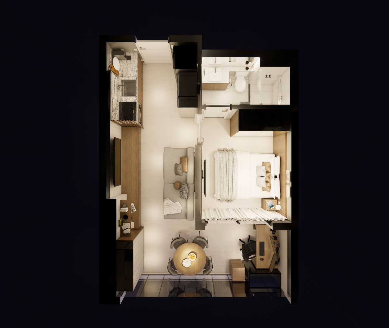 Planta baixa 3D de studio com cozinha linear, sala, quarto com cama, mesa de trabalho e banheiro, tons claros e madeira