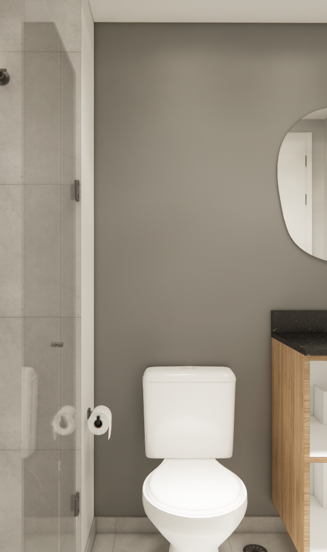 Render 3D de banheiro compacto com parede cinza, espelho orgânico, bancada preta, gabinete em madeira e box de vidro