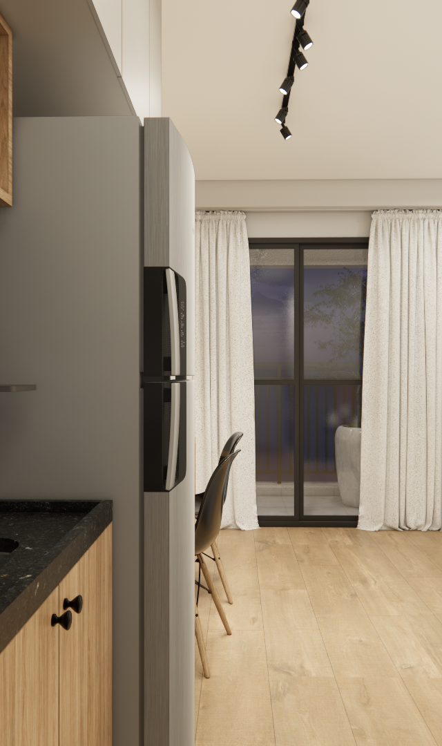 Render 3D de cozinha compacta com marcenaria amadeirada, bancada preta, azulejos brancos e vista para quarto iluminado