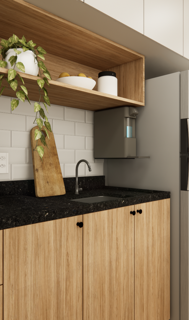 Render 3D de cozinha compacta com marcenaria amadeirada, bancada preta, azulejos brancos e eletrodomésticos modernos