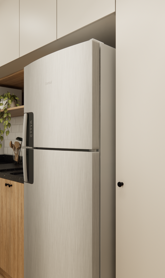 Render 3D de cozinha compacta, armários em tom off-white e madeira, bancada preta, eletrodomésticos em inox e luz natural