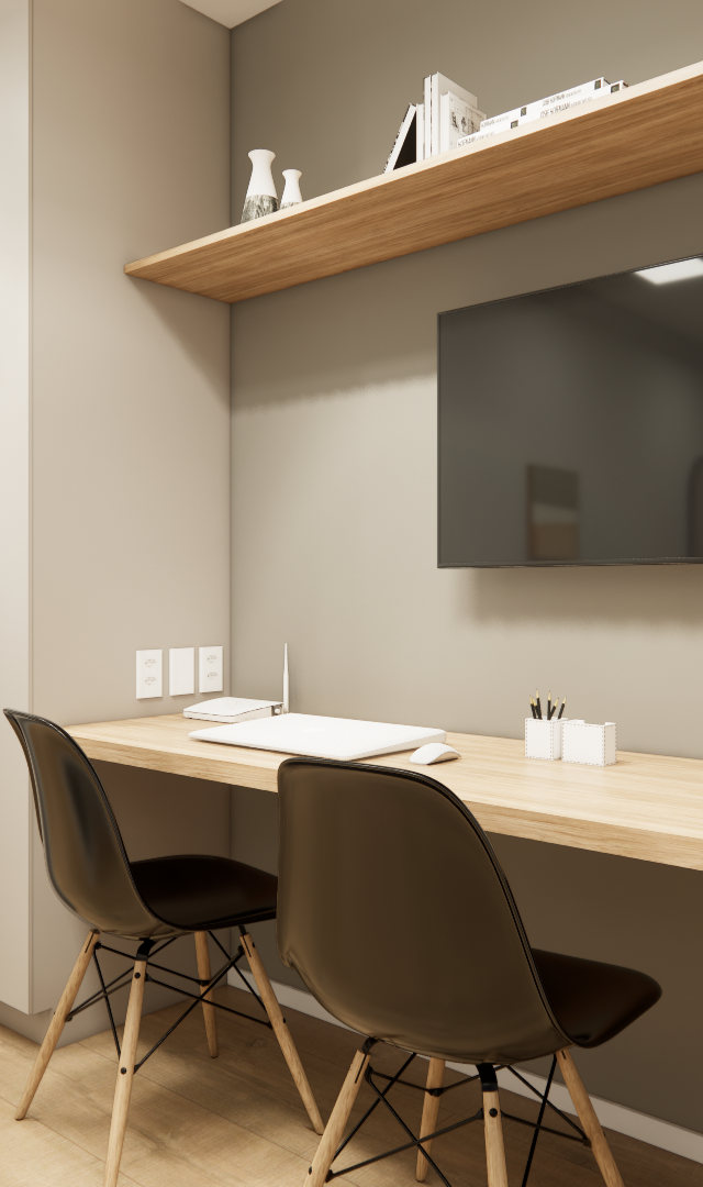 Render 3D de sala e cozinha integrada, tons neutros, marcenaria em madeira clara, mesa de trabalho e cadeiras pretas