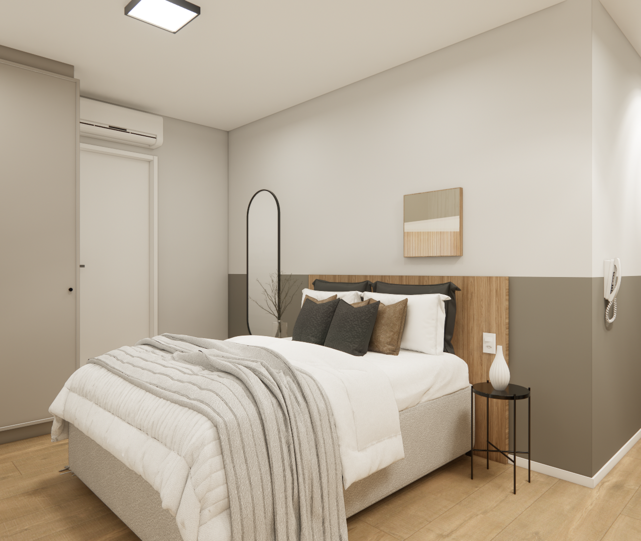 Render 3D de quarto pequeno com cama, cabeceira de madeira, paredes em tons de cinza e bege, piso amadeirado e iluminação