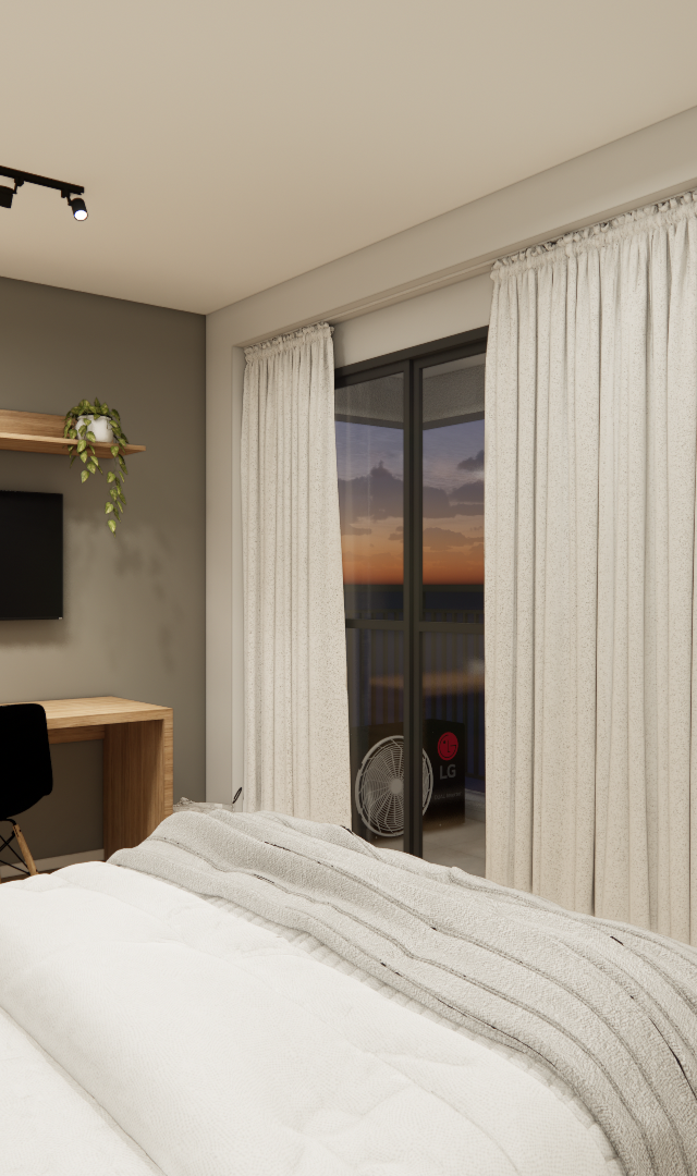 Render 3D de quarto com parede cinza, mesa e prateleira de madeira, TV, cadeiras pretas, cama branca e iluminação por trilho