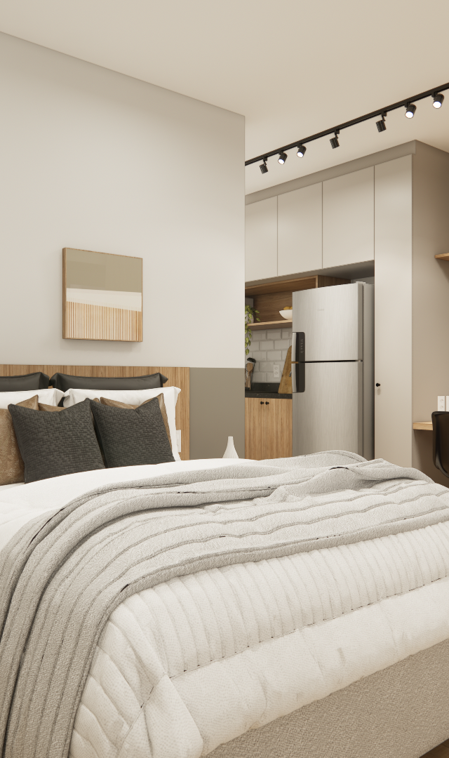 Render 3D de estúdio de 31m² com tons neutros, cama, mesa de trabalho em madeira, espelho oval e iluminação por trilhos