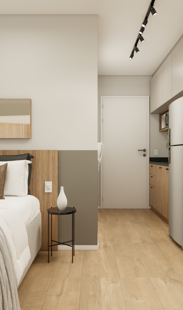 Render 3D de estúdio com cama, marcenaria em madeira e cinza, mesa de trabalho, iluminação por trilho e piso amadeirado