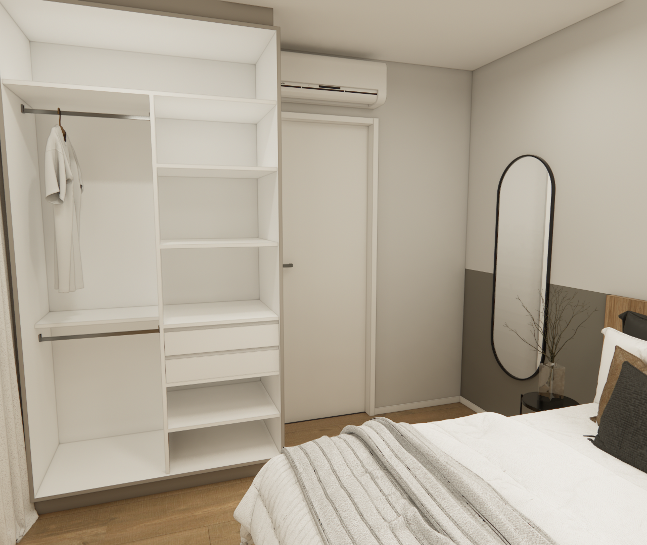 Render 3D de quarto pequeno com guarda-roupa aberto branco, cama com almofadas cinzas, espelho oval e tons neutros
