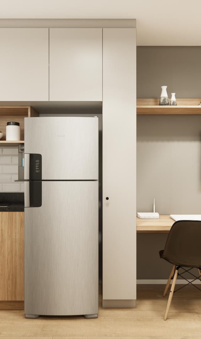 Render 3D de cozinha e home office integrados com marcenaria em tons de madeira clara e off-white, bancada preta e iluminação