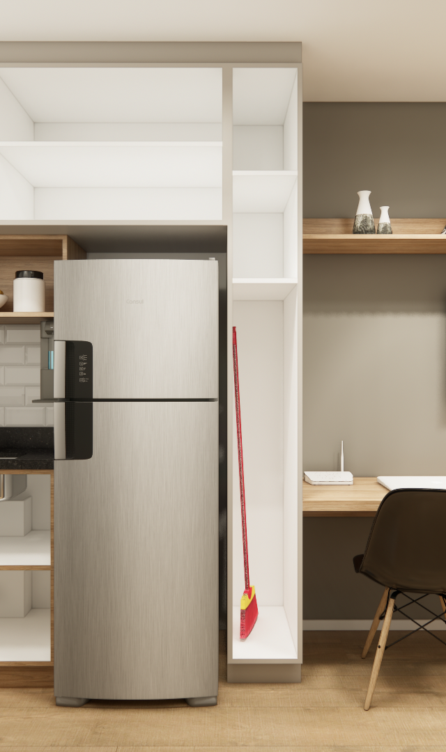 Render 3D de cozinha e home office integrados com marcenaria em madeira e branca, geladeira inox e parede cinza