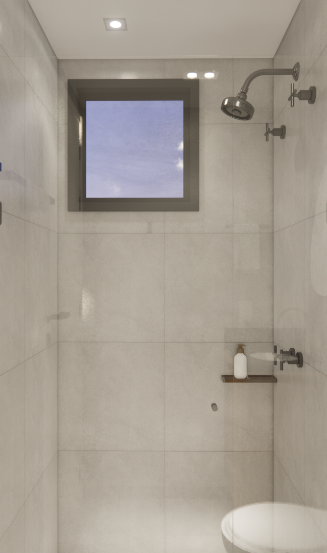 Render 3D de banheiro compacto com revestimento cinza, ducha, box de vidro, janela pequena e metais pretos modernos