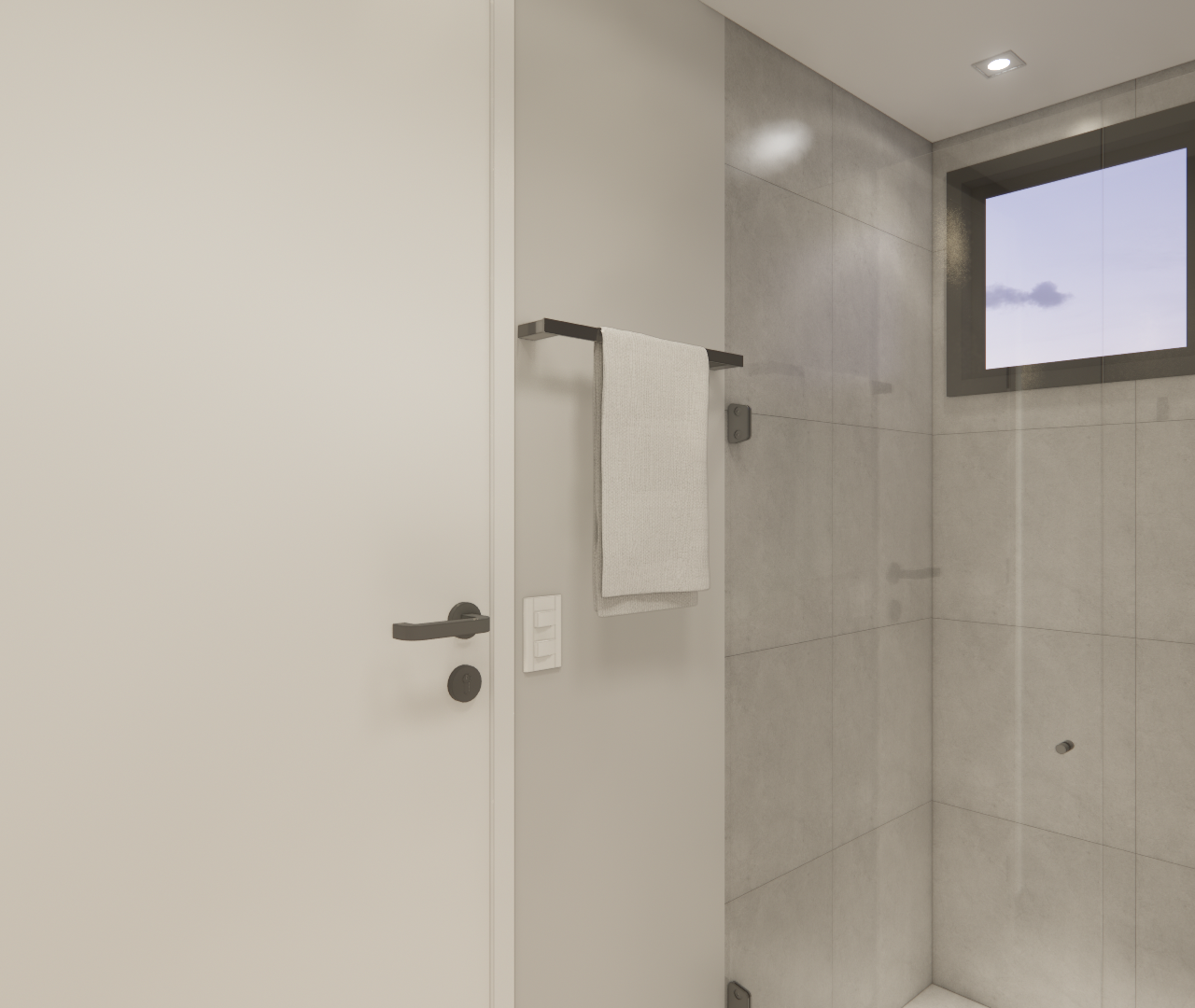 Render 3D de banheiro moderno em tons de cinza, com porta branca, box de vidro, metais pretos e iluminação embutida