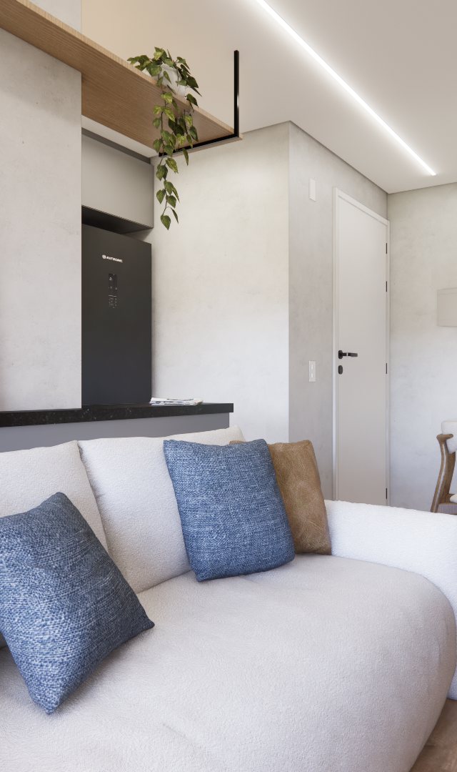 Render 3D de sala e jantar integrados, sofá bege com almofadas, tons neutros, madeira, iluminação indireta e minimalista
