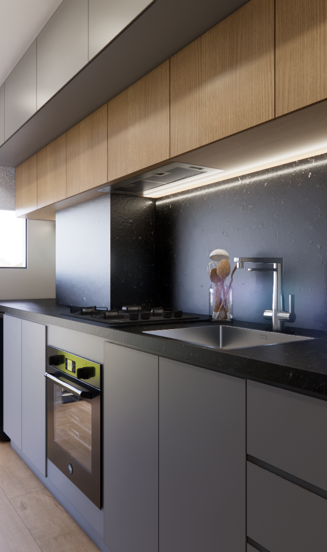 Render 3D de cozinha linear em tons de cinza e madeira com bancada preta, iluminação em LED e eletrodomésticos embutidos
