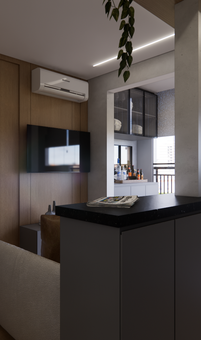 Render 3D de sala e cozinha integrada com marcenaria em tons de madeira e cinza, bancada preta e iluminação linear LED
