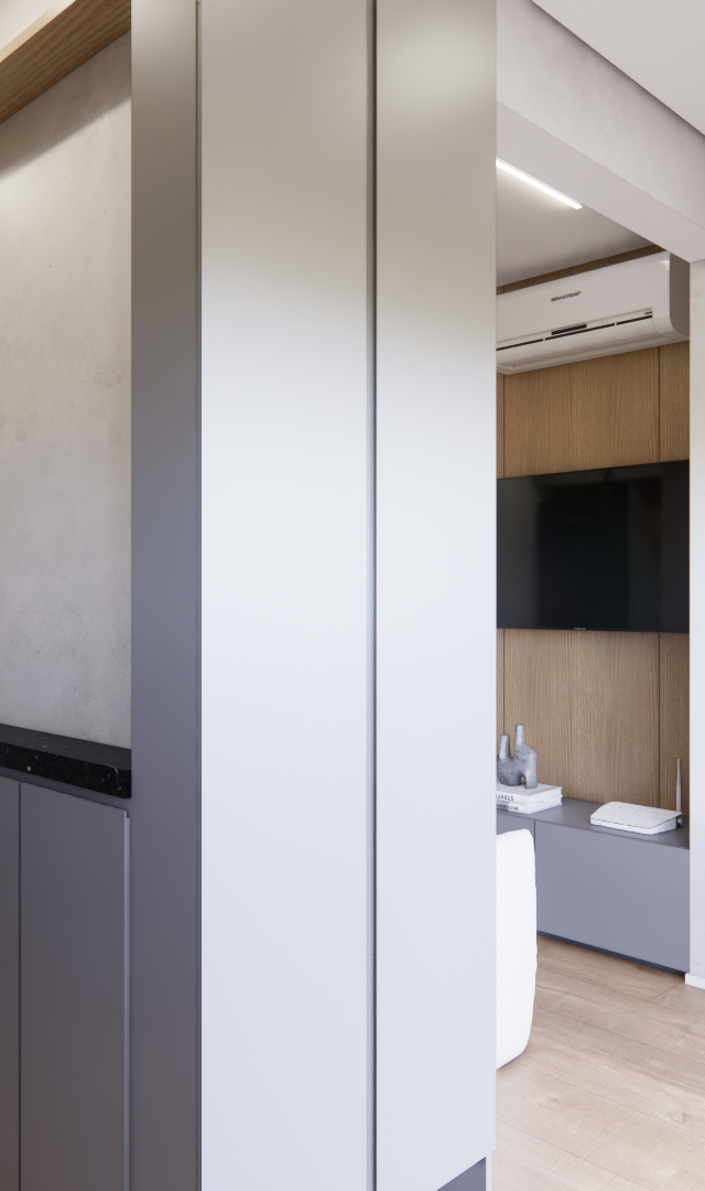 Render 3D de sala e cozinha integradas, marcenaria cinza, detalhes em madeira, iluminação linear e eletrodomésticos