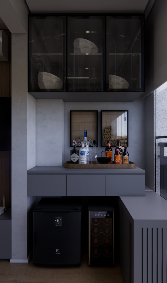 Render 3D de varanda gourmet no Vivaz Prime Alto do Ipiranga com marcenaria cinza, frigobar, adega e iluminação natural
