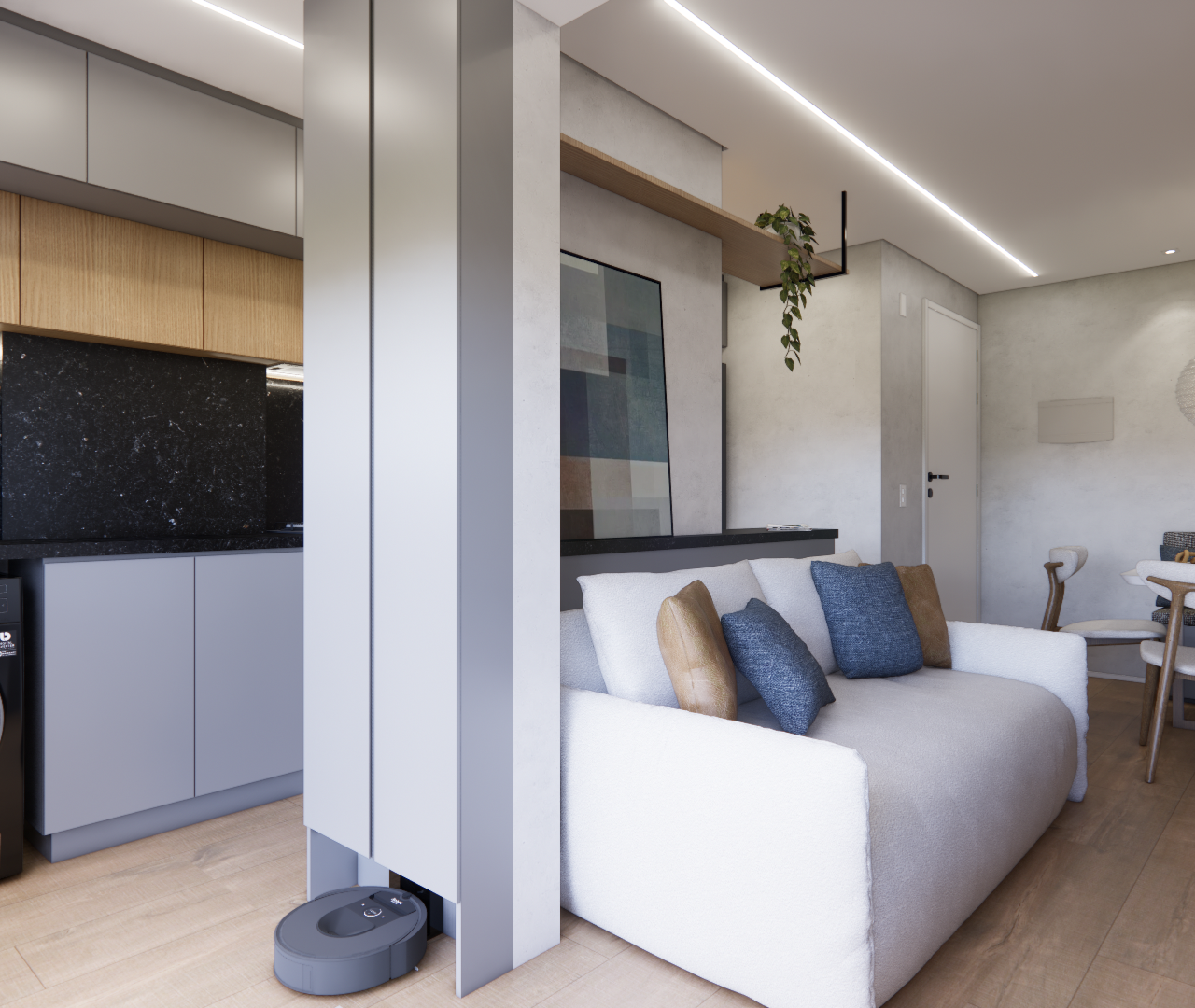 Render 3D de sala e cozinha integradas, armários cinza e madeira, sofá claro, mesa de jantar e piso amadeirado