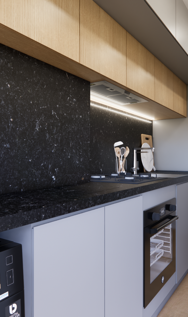 Render 3D de cozinha linear com armários amadeirados e cinzas, bancada em granito preto e iluminação indireta em LED