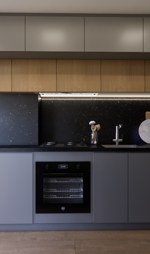 Render 3D de cozinha moderna no Vivaz Prime Ipiranga com marcenaria cinza e madeira, bancada preta e eletros embutidos