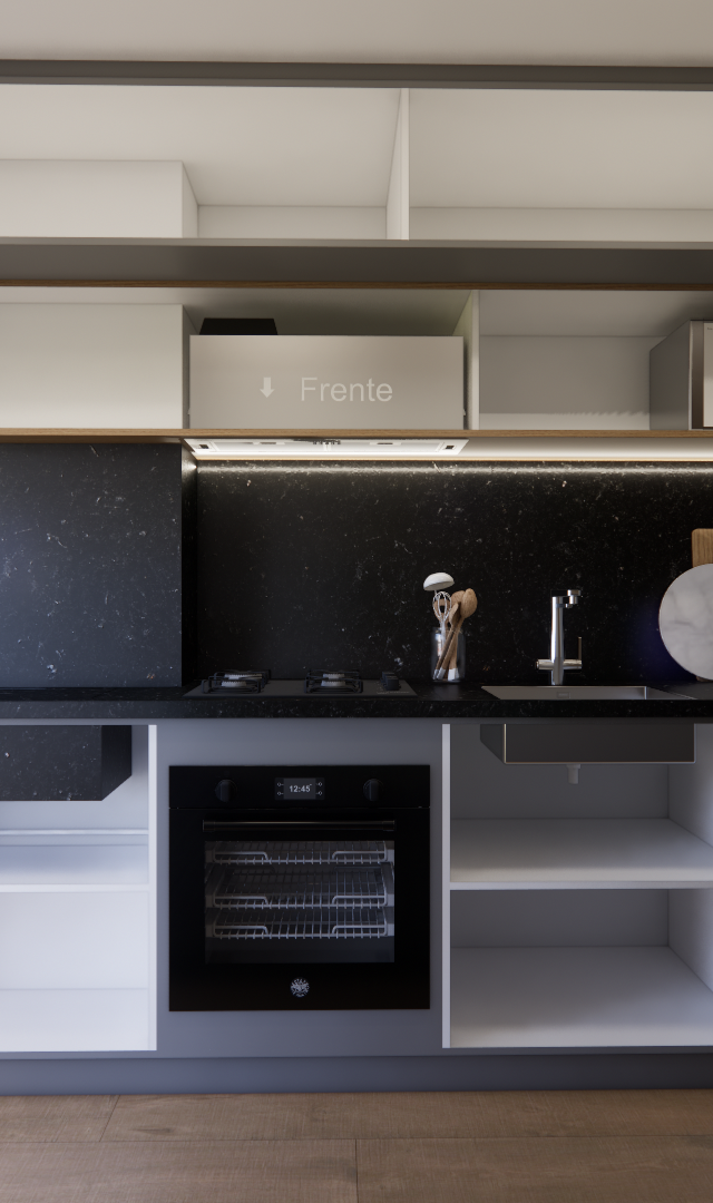 Render 3D de cozinha compacta com marcenaria branca e cinza, bancada preta, eletrodomésticos pretos e iluminação em LED