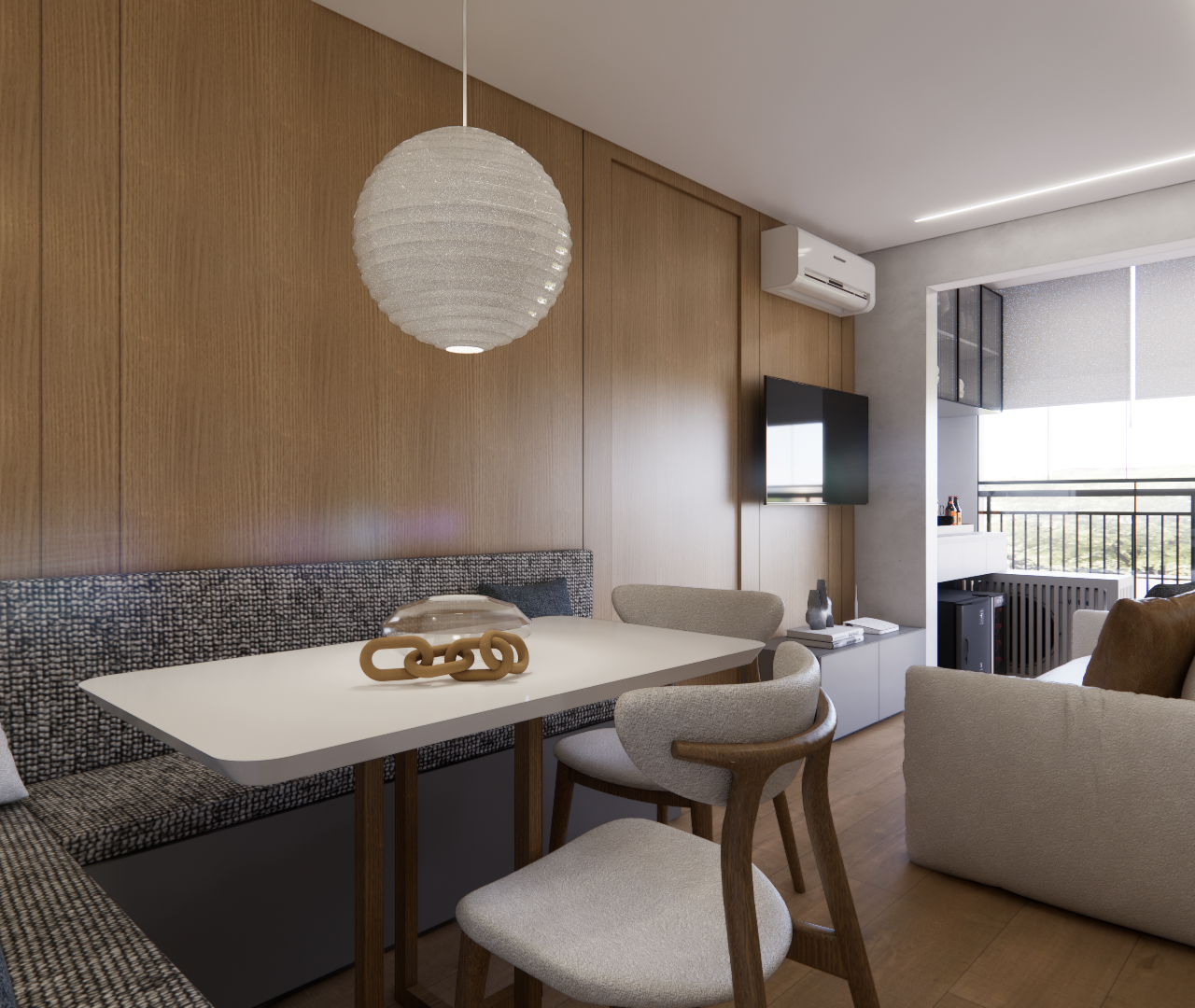 Render 3D de sala de jantar e estar com painel amadeirado, sofá bege, mesa branca, cadeiras modernas e luz indireta