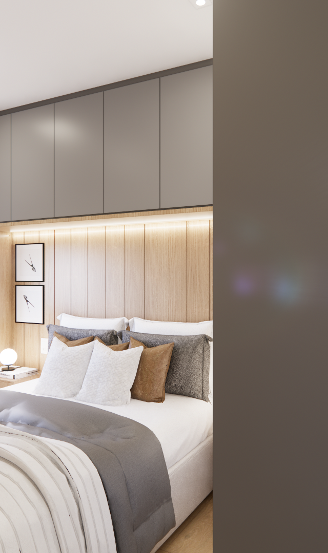 Render 3D de quarto com marcenaria em madeira e cinza, iluminação em fita de LED e cama com enxoval neutro no Ipiranga