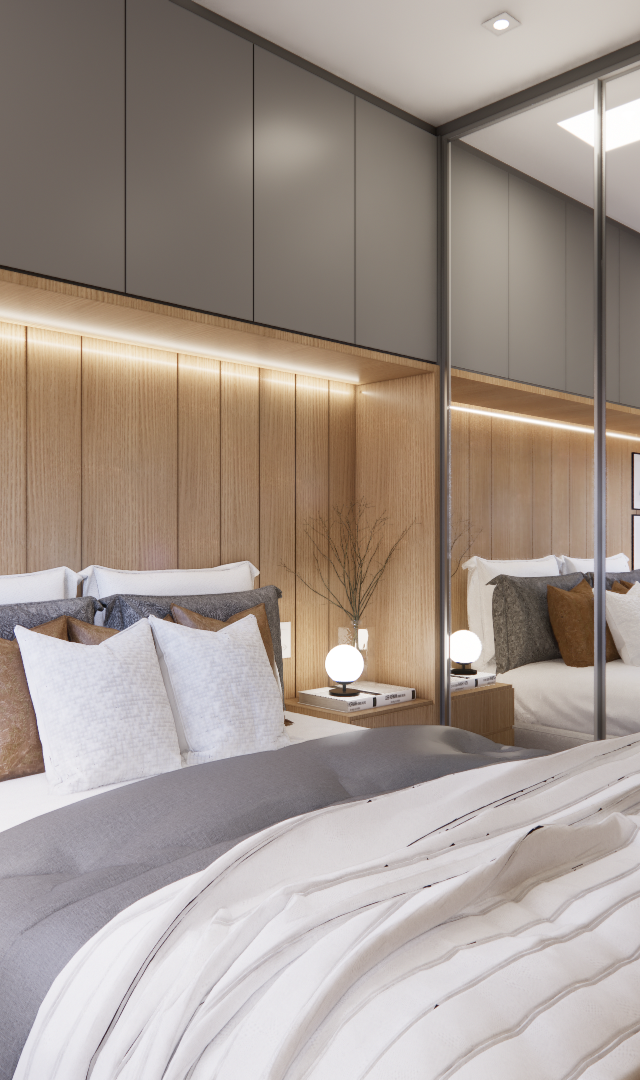 Render 3D de quarto com marcenaria em madeira e cinza, iluminação embutida, cabeceira ripada e guarda-roupa espelhado